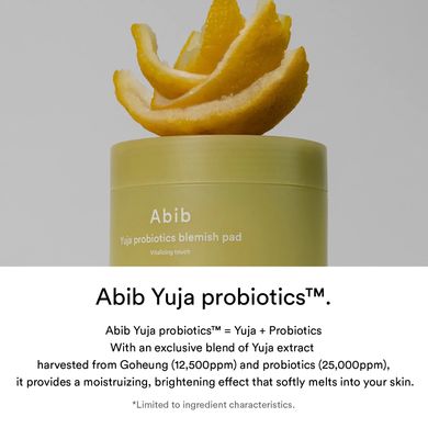 Abib Yuja probiotics blemish pad Vitalizing touch – освітлюючі тонер-пади з юдзу та пробіотиками 60 шт.